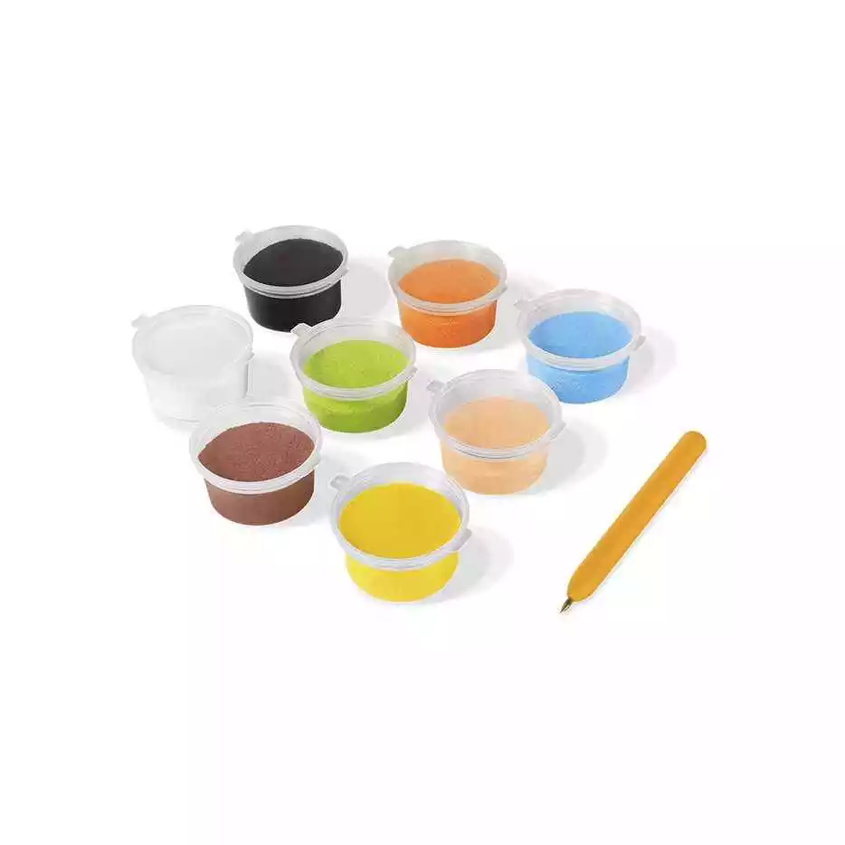 Kit para pintar con arena de colores Animals Crea arte único con nuestro kit de pintura con arena de colores. Viene con 8 botes, punzón y láminas de animales acuáticos. ¡Diversión y creatividad sin límites!