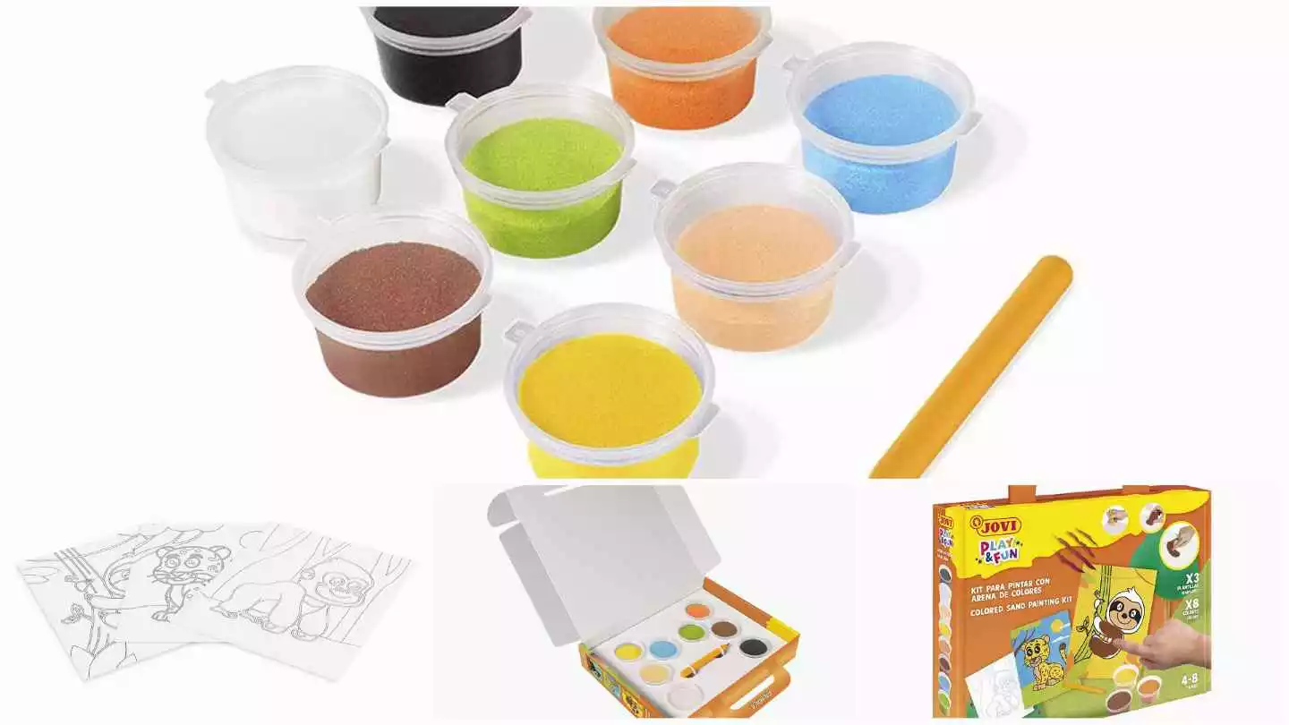 Kit para pintar con arena de colores Animals Descubre la diversión con nuestro kit para pintar con arena de colores. Incluye 8 botes, un punzón y láminas de animales. ¡Creatividad sin límites!
