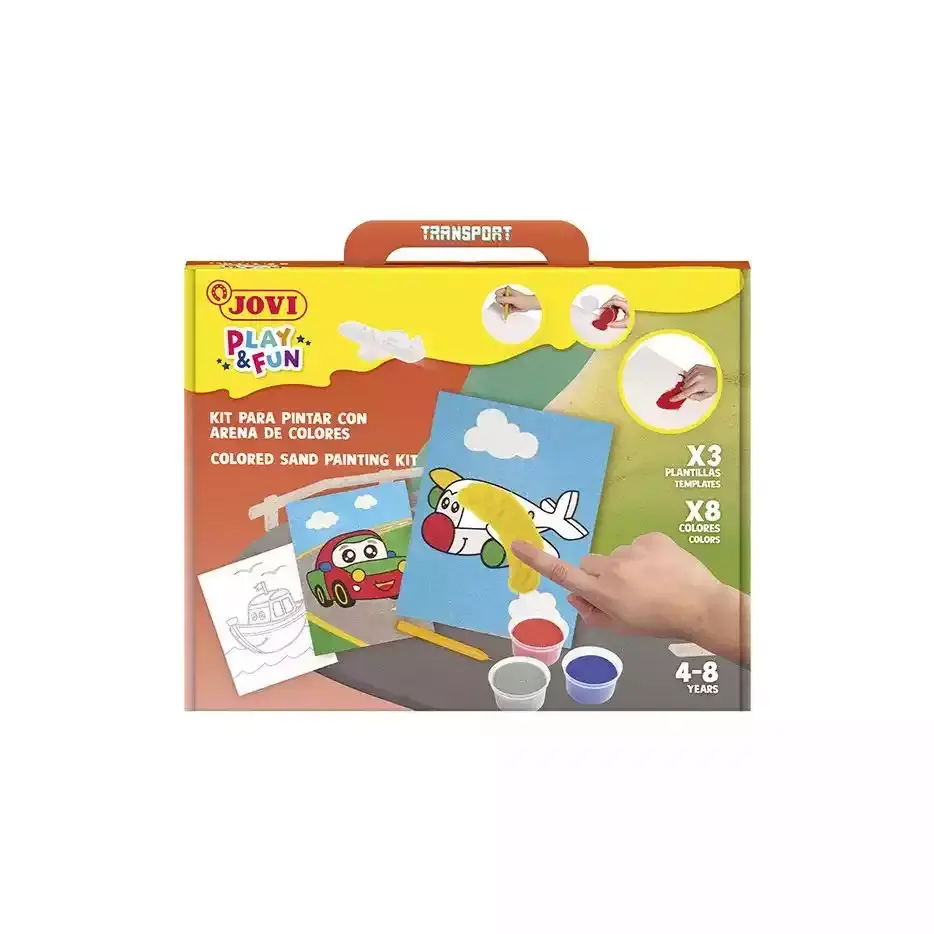 Kit para pintar con arena de colores Transportes ¡Deja volar la creatividad de tus hijos! Con el juego Pinta con Arena de Colores Vehículos, disfrutarán decorando y aprendiendo al mismo tiempo.