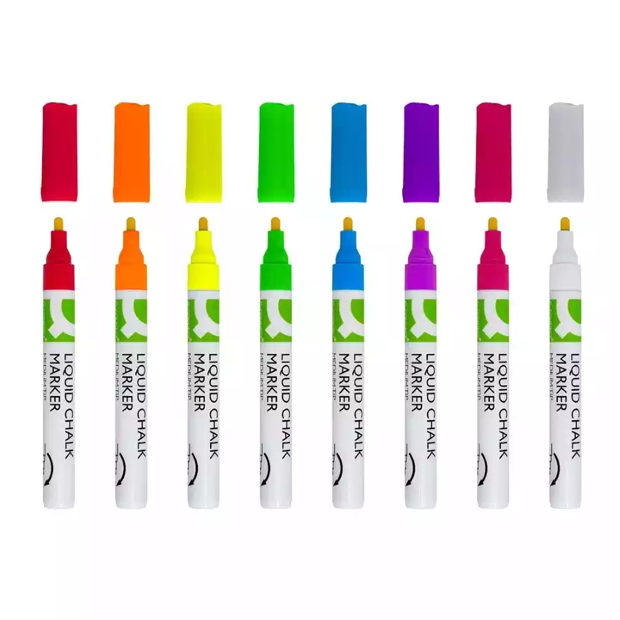 8 Rotuladores de tiza liquida - trazo 3 mm. Los rotuladores Q-Connect de tiza líquida ofrecen una solución de escritura temporal en colores vibrantes. Perfectos para uso profesional y personal.