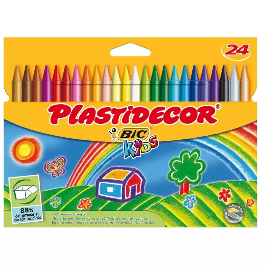 Ceras Plastidecor para colorear Plastidecor presenta lápices de cera perfectos para el dibujo escolar. Colores vibrantes, duraderos y seguros, ideales para estimular la creatividad infantil.