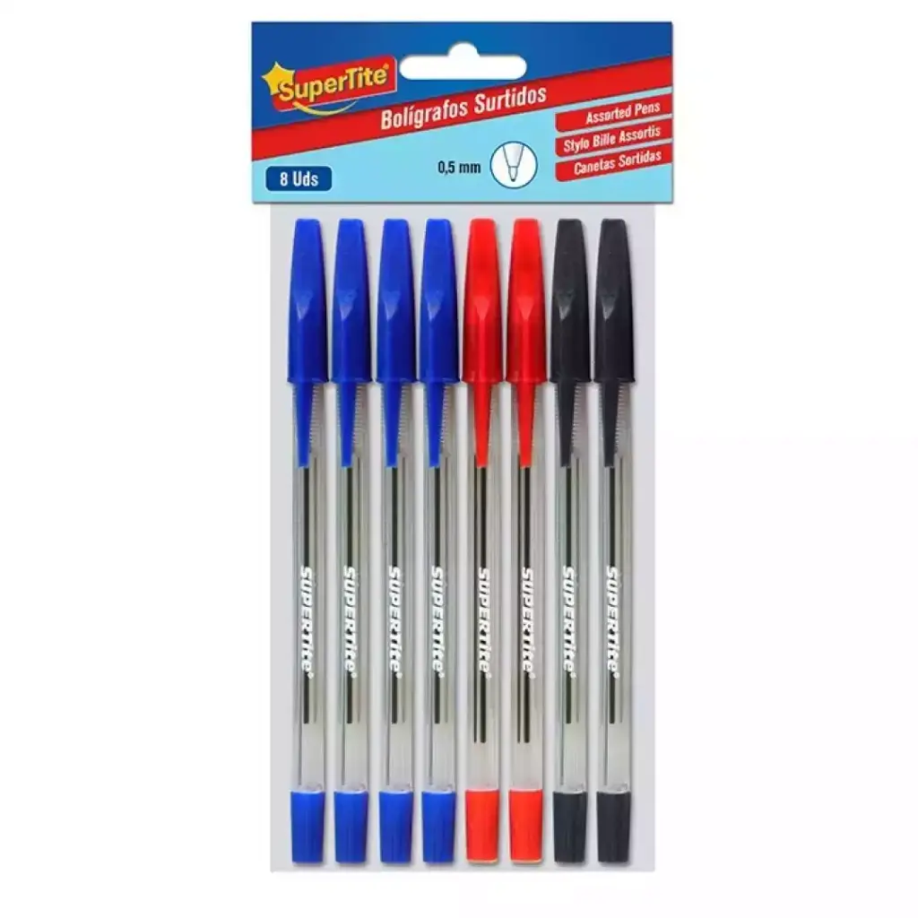 Lote 8 bolígrafos 0,5mm – 4 azul – 2 negro – 2 rojo