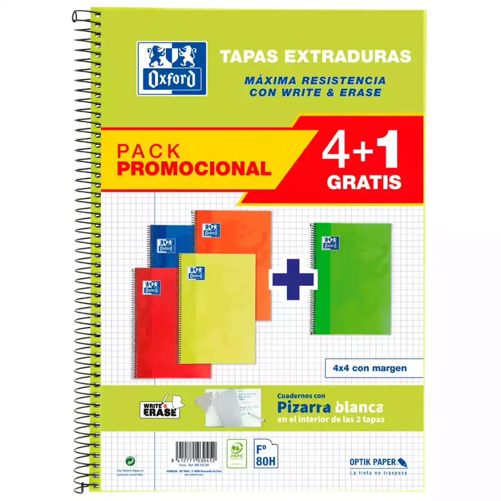 Cuaderno espiral - Cuadro 4mm - Tapa Extradura – 80h/90gr - Pack de 5 unidades