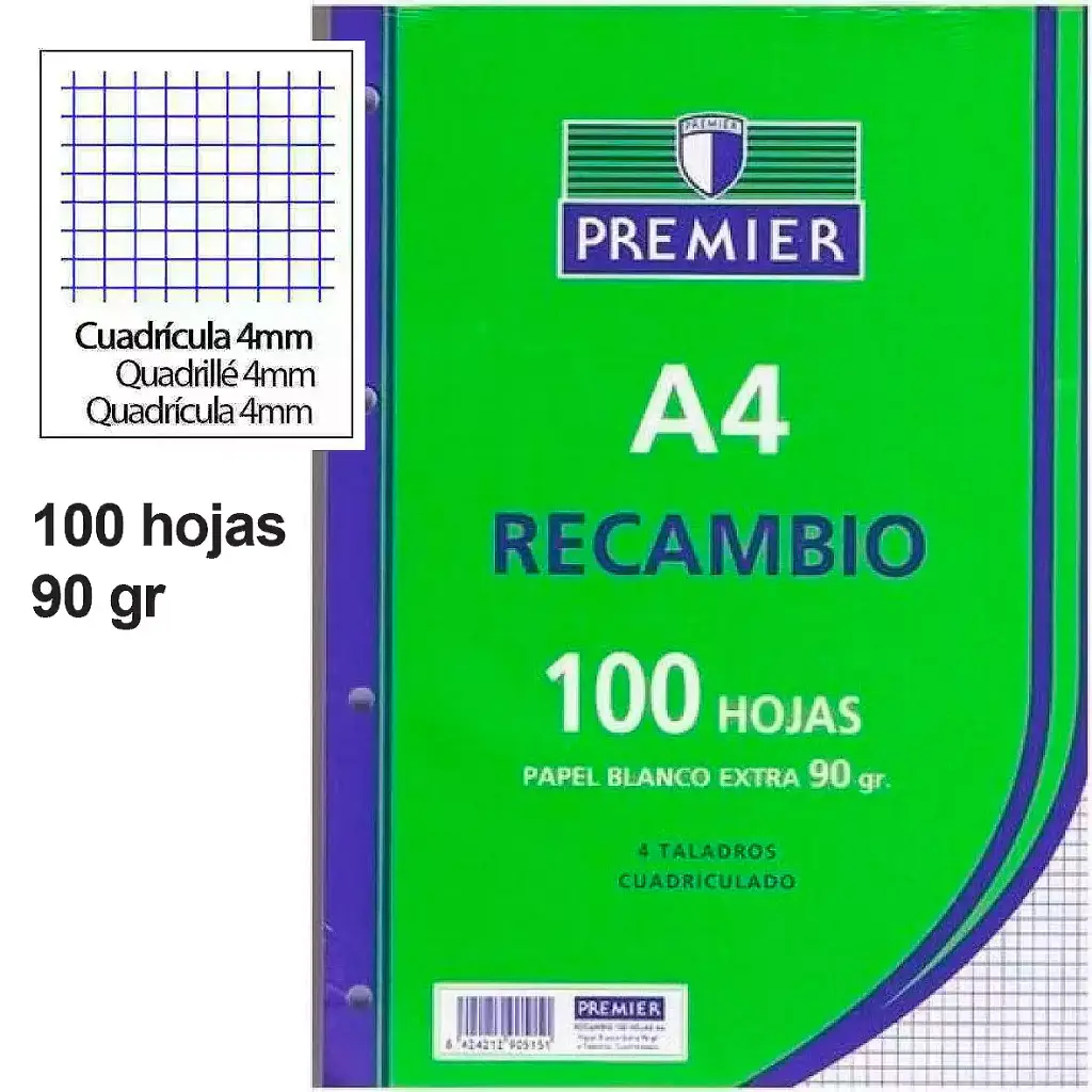 [8424212905151] Recambio cuadriculado 4x4 mm - A4 - 100h/90 gr - 4 Taladros