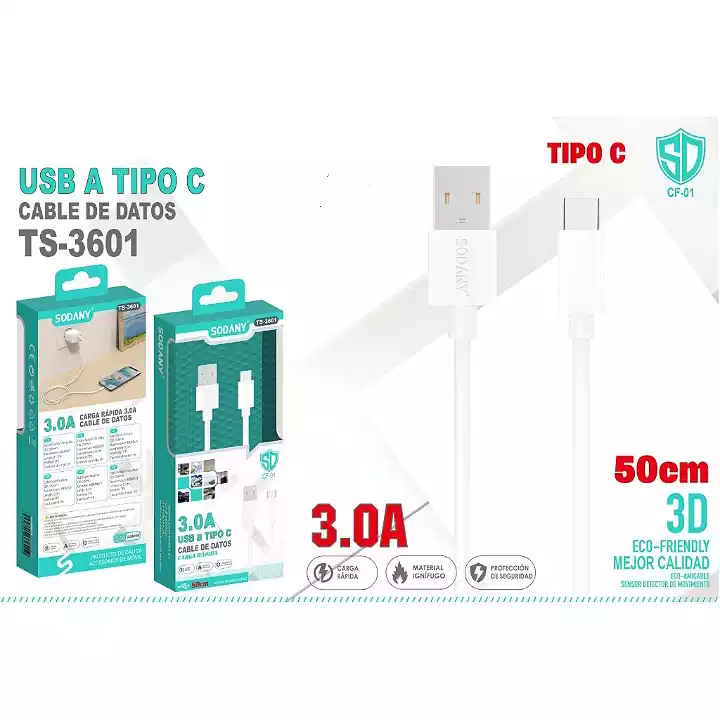 Cable de USB a USB-C - Largo 0.5mt - Carga 3.0A