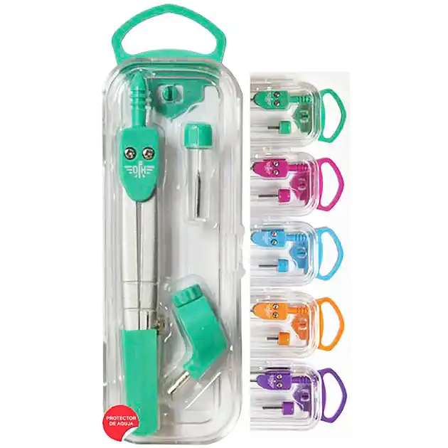 Compás escolar con adaptador, estuche de minas y protector