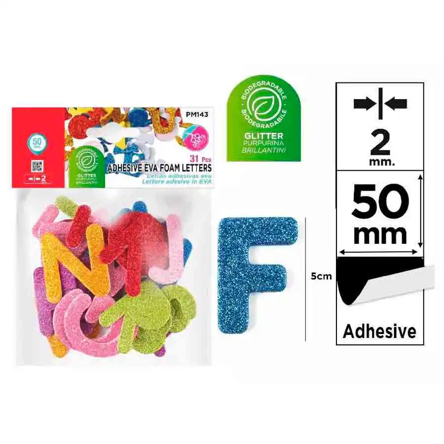 [8435721034447] Letras de goma eva adhesivas con purpurina - 50mm