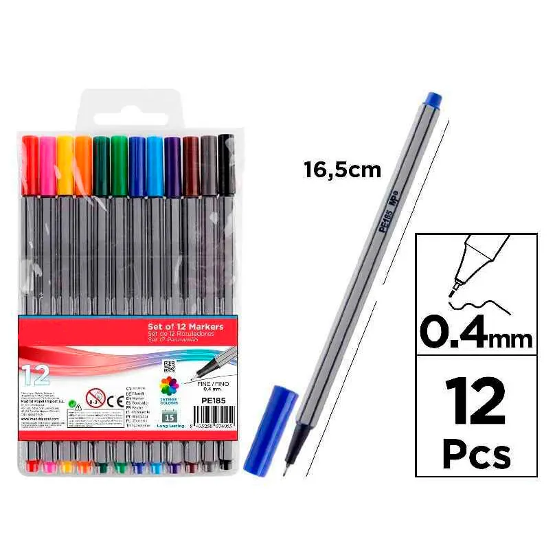 12 Rotuladores Punta Fina 0.4mm - 12 colores