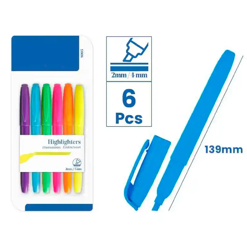 6 rotuladores fluorescentes punta biselada 2/4mm