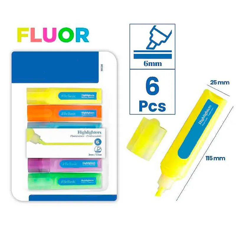 6 rotuladores fluorescentes - Punta biselada 6mm - 6 colores