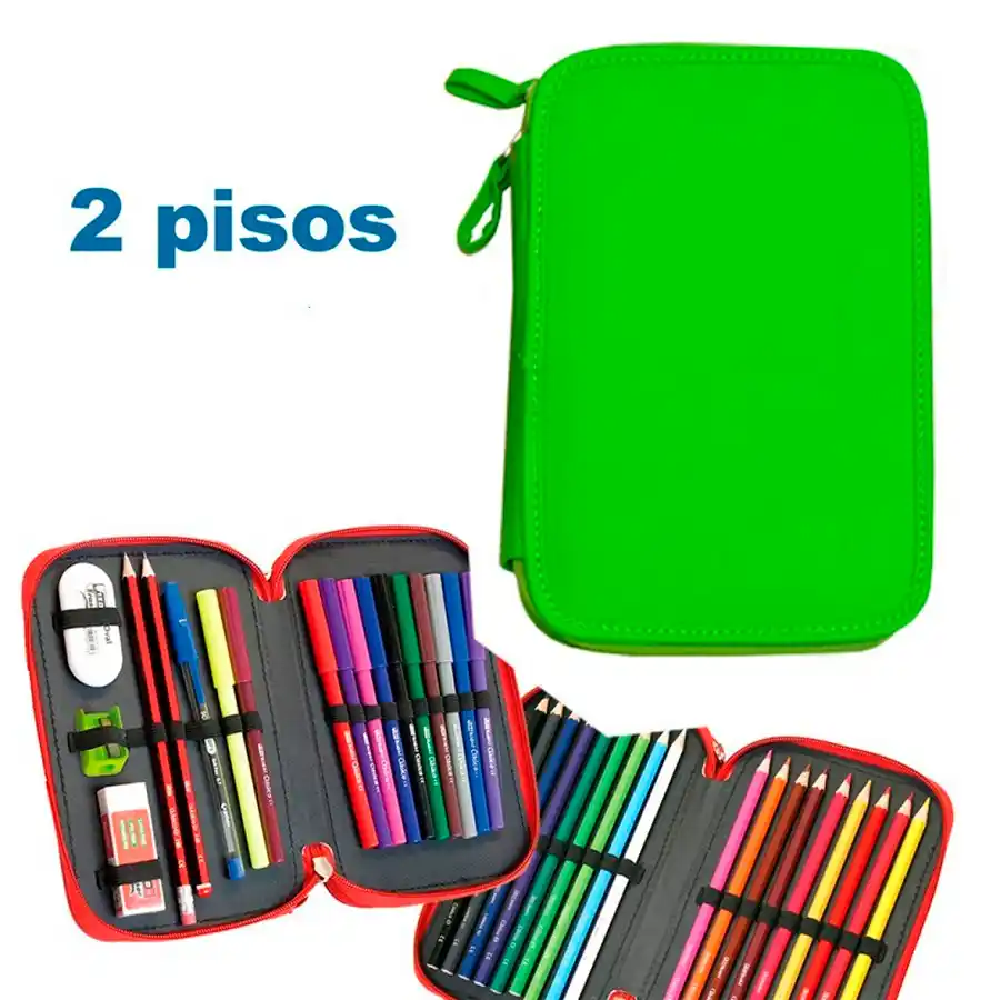 Plumier de dos pisos con material escolar