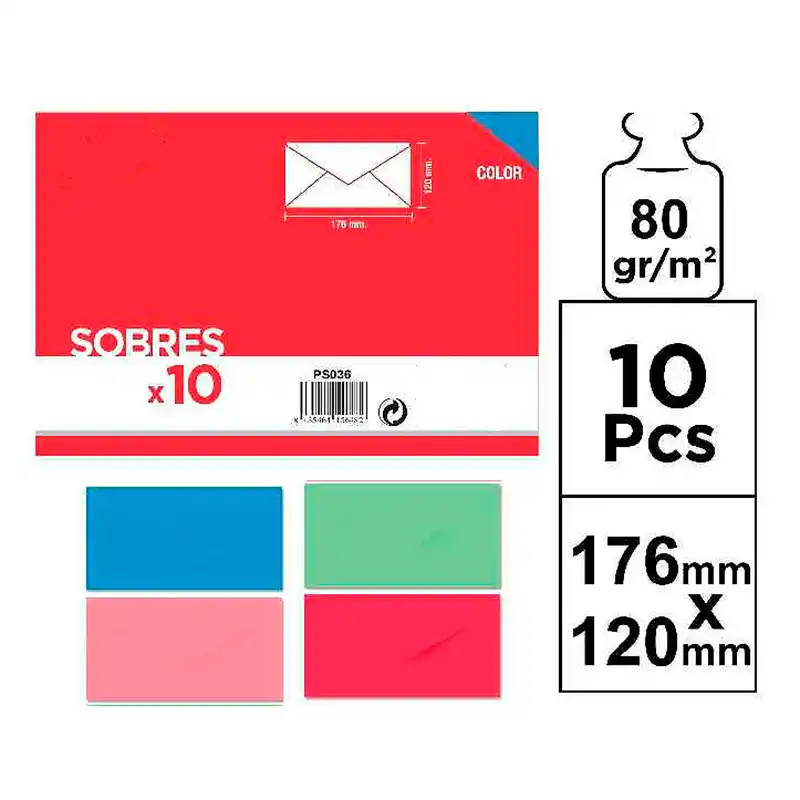 [8435464156482] 10 Sobres de color - 120x176 mm