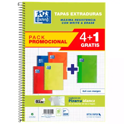 [8412771030452] Cuaderno espiral - Cuadro 4mm - Tapa Extradura – 80h/90gr - Pack de 5 unidades