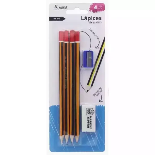 Set de 4 lapices HB con 1 goma y 1 sacapuntas